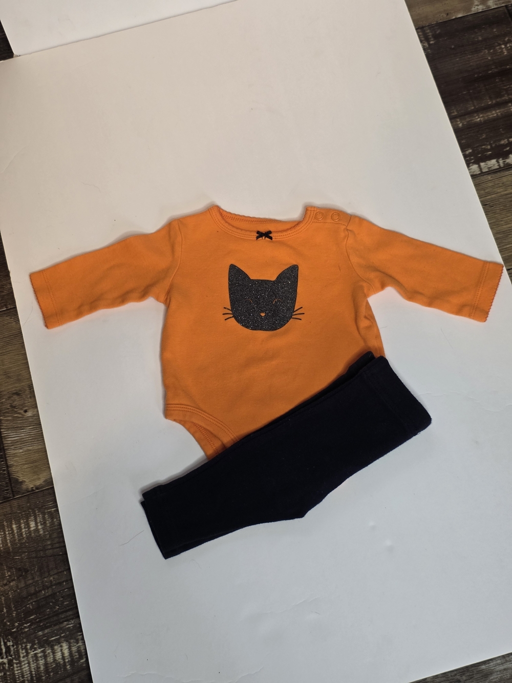 Carter's Orange Long-Sleeve Cat One-Piece with Black Pants